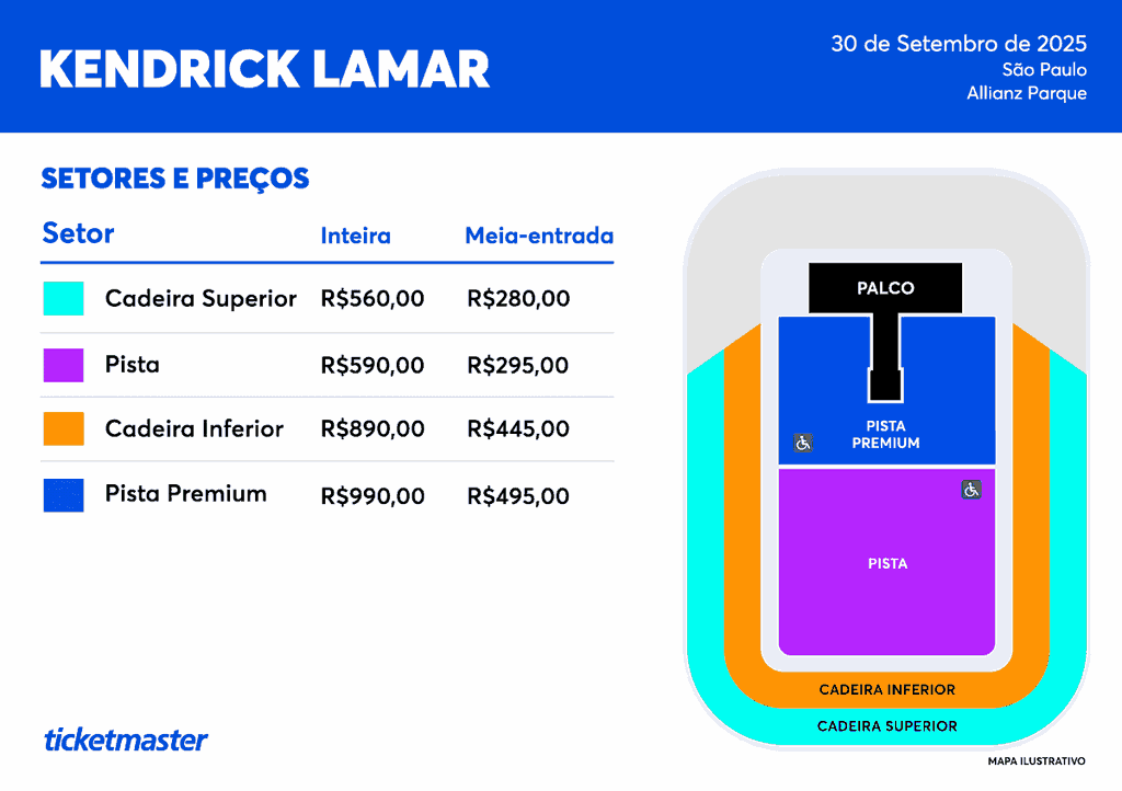 Mapa de preços e setores do show de Kendrick Lamar em São Paulo (Foto: Divulgação, Ticketmaster Brasil)